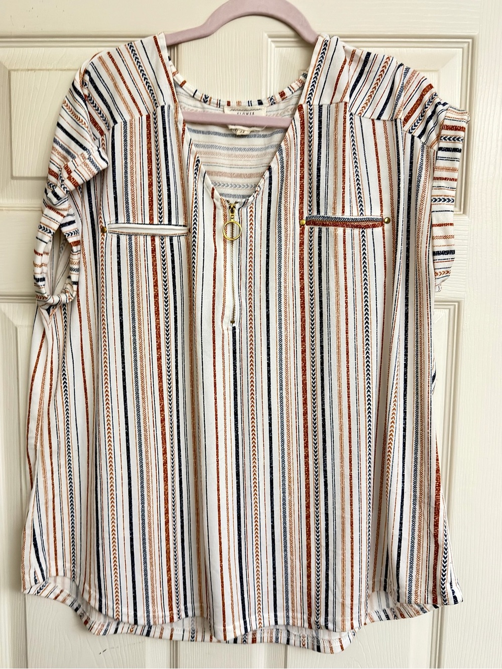Flower & Feather Striped V-Neck Zip Front Stretch Top, White, Navy & Rust